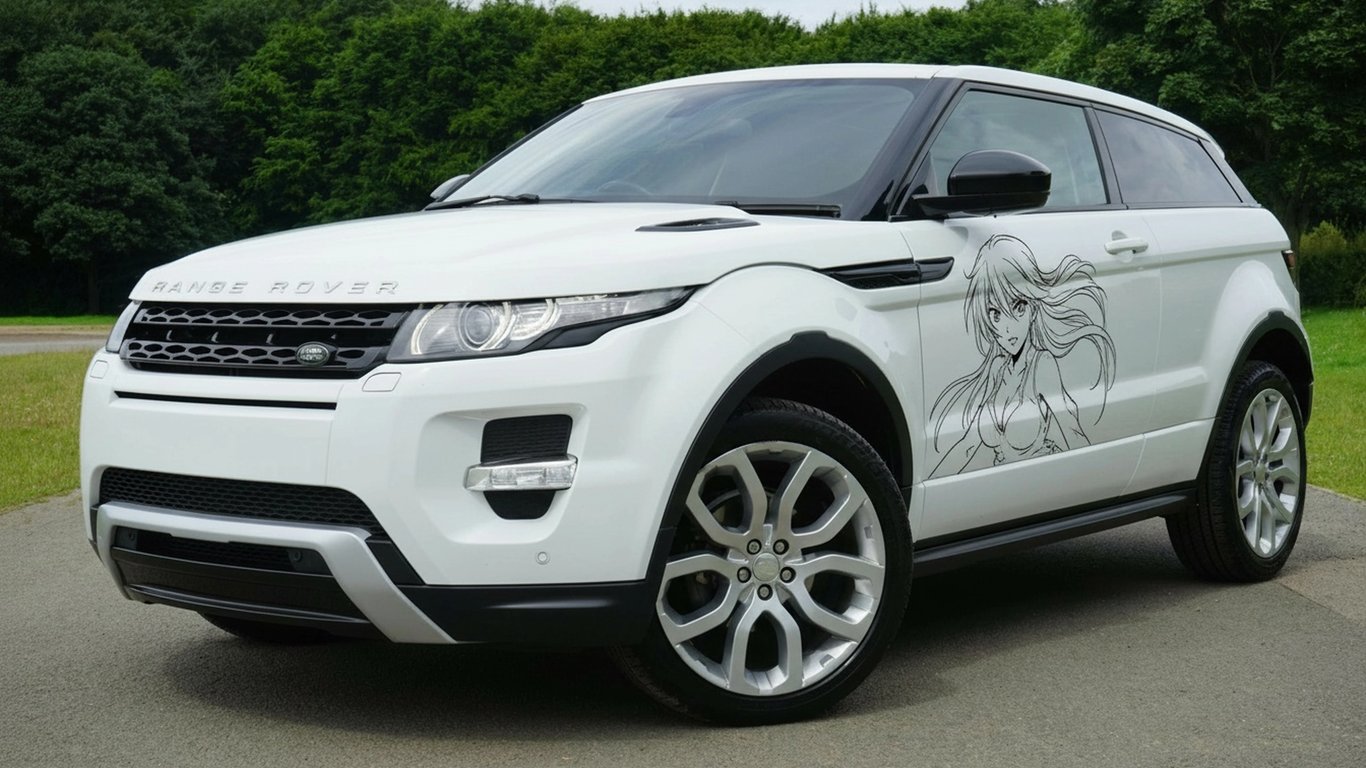 AI anime car sticker after photo - white Range Rover with car sticker