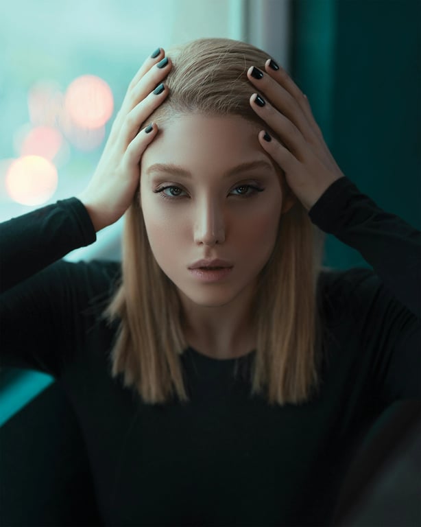 a portrait of a person edited to have natural black hair, avoiding flat color fill, maintaining subtle highlights, accurate shadow depth, and clean hairline blending