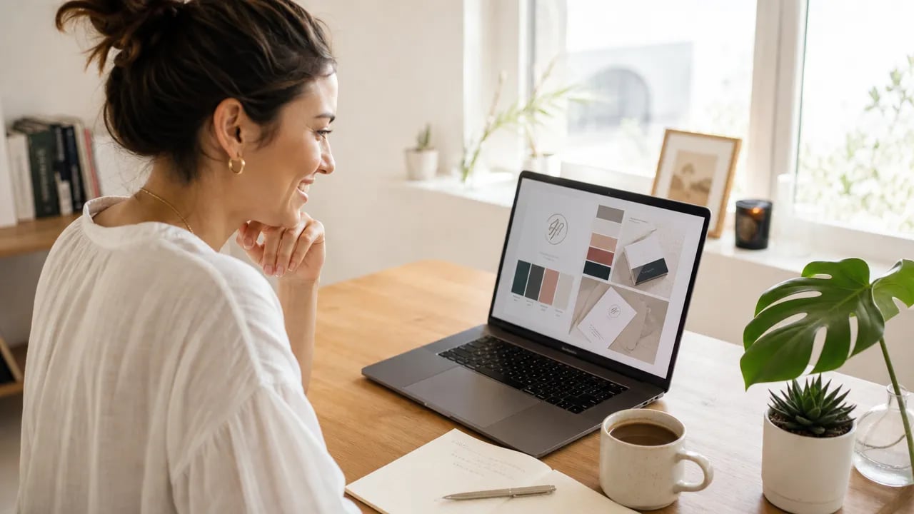 A young female entrepreneur smiling at her MacBook screen displaying an AI-generated brand kit — logo, color palette, and business card designs — at a bright minimal home office desk with a coffee mug, notebook, and plants.