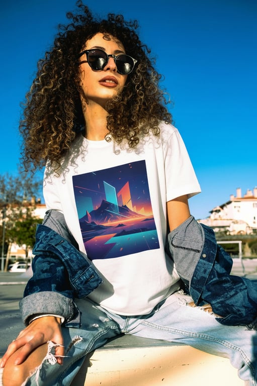 a portrait of a person edited to wear a T-shirt with an AI-generated graphic design, featuring a clearly defined central print, sharp graphic edges, accurate color reproduction, realistic fabric folds interacting with the print, proper scaling and placement on the chest area, preserved shirt texture, natural body proportions, and consistent lighting