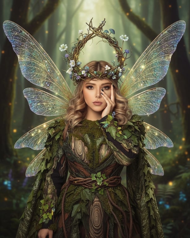 AI fairy after pic - forest fairy surrounded by green leaves and soft sunlight