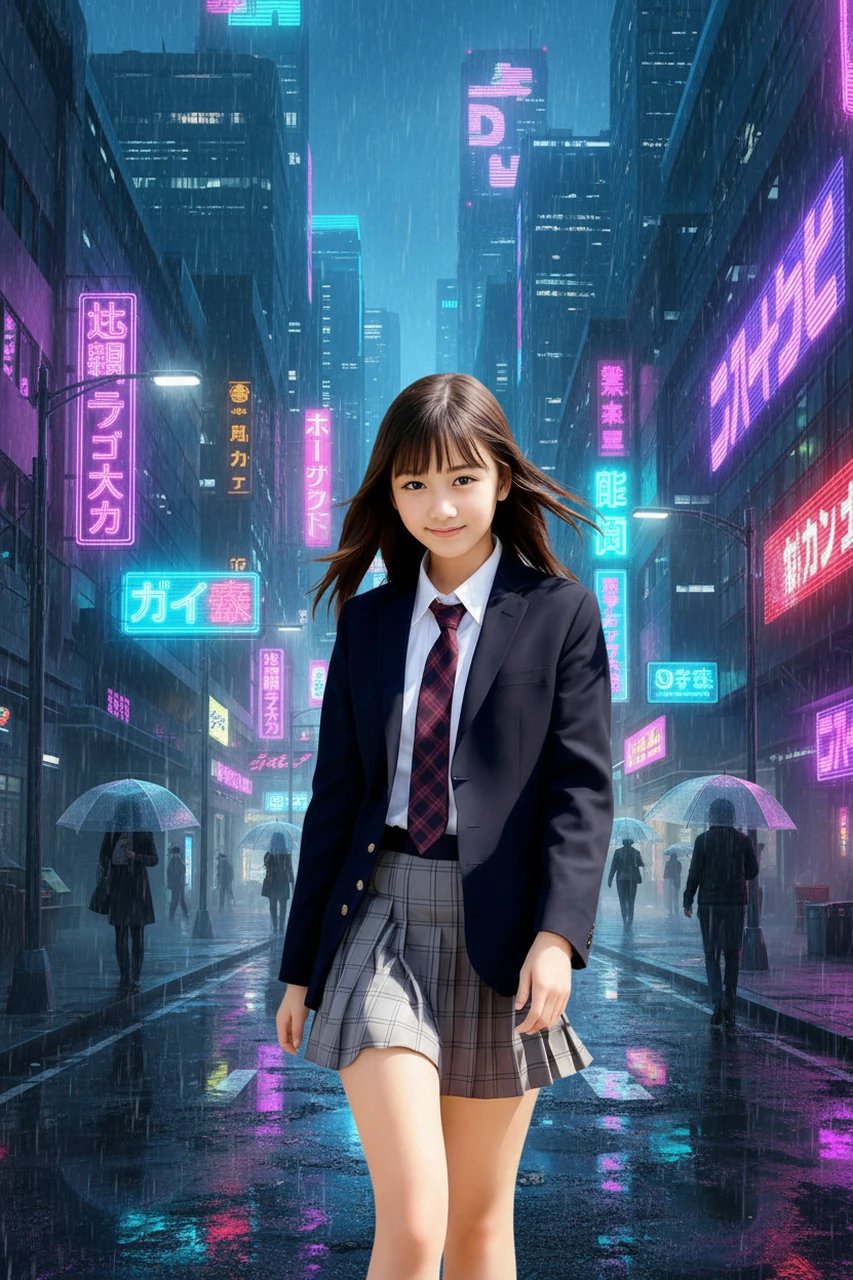 Photo with background replaced by a futuristic Night City street, featuring rain and neon signs.