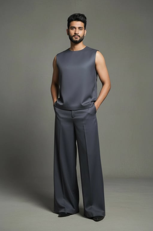 a portrait of a person in a minimalist outfit featuring a structured sleeveless top and wide-leg trousers, smooth fabric finish, architectural lines, balanced volume, calm confident pose, clean studio light