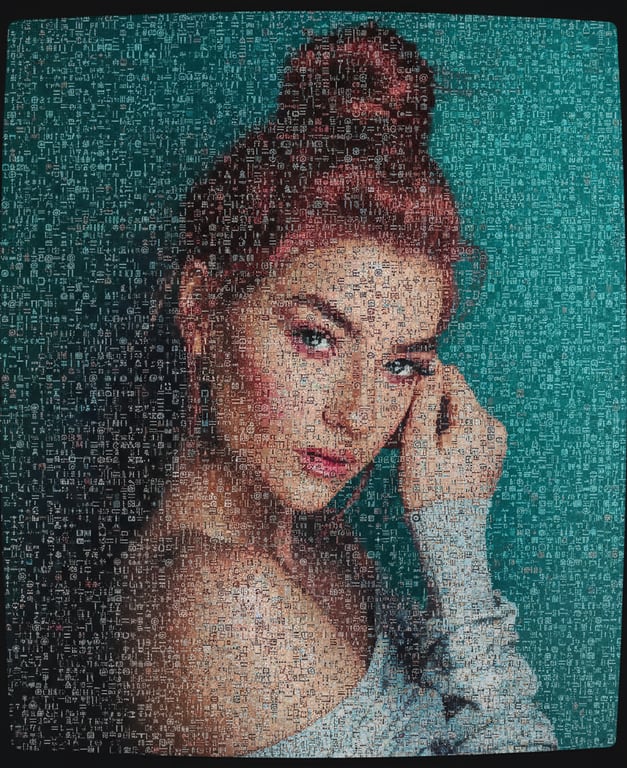 An ASCII art selfie, applying the conversion to a casual front-camera photo, resulting in a playful, digital version of the original.