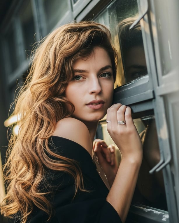 AI long hair filter after transformation - woman portrait with AI generated long curly hairstyle