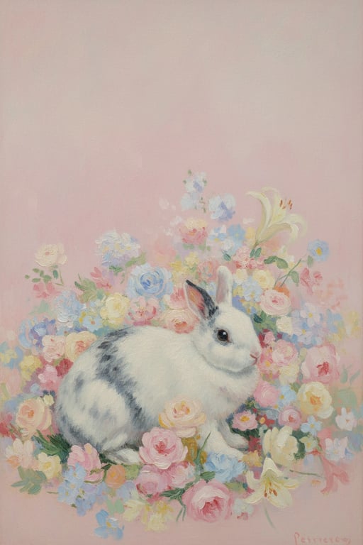 AI pet portrait generator free after pic - cute bunny transformed into a Rococo-style painting with pastel floral background