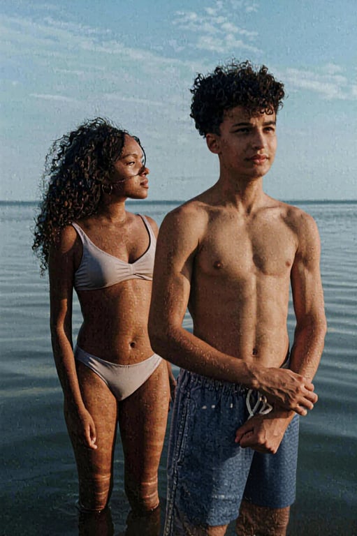 a portrait of a couple transformed to wear different bathing suits than the original, visibly altering swimsuit coverage, neckline depth, side exposure, and bottom shape for each person, while maintaining realistic fabric behavior, smooth seams, correct anatomy, natural pose, and clean lighting