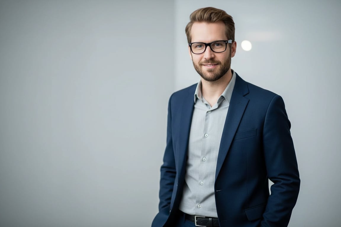 A trustworthy AI resume portrait of a man, glasses glare removed, sharp focus on eyes, appropriate business casual clothing, solid light blue background, ready for print.