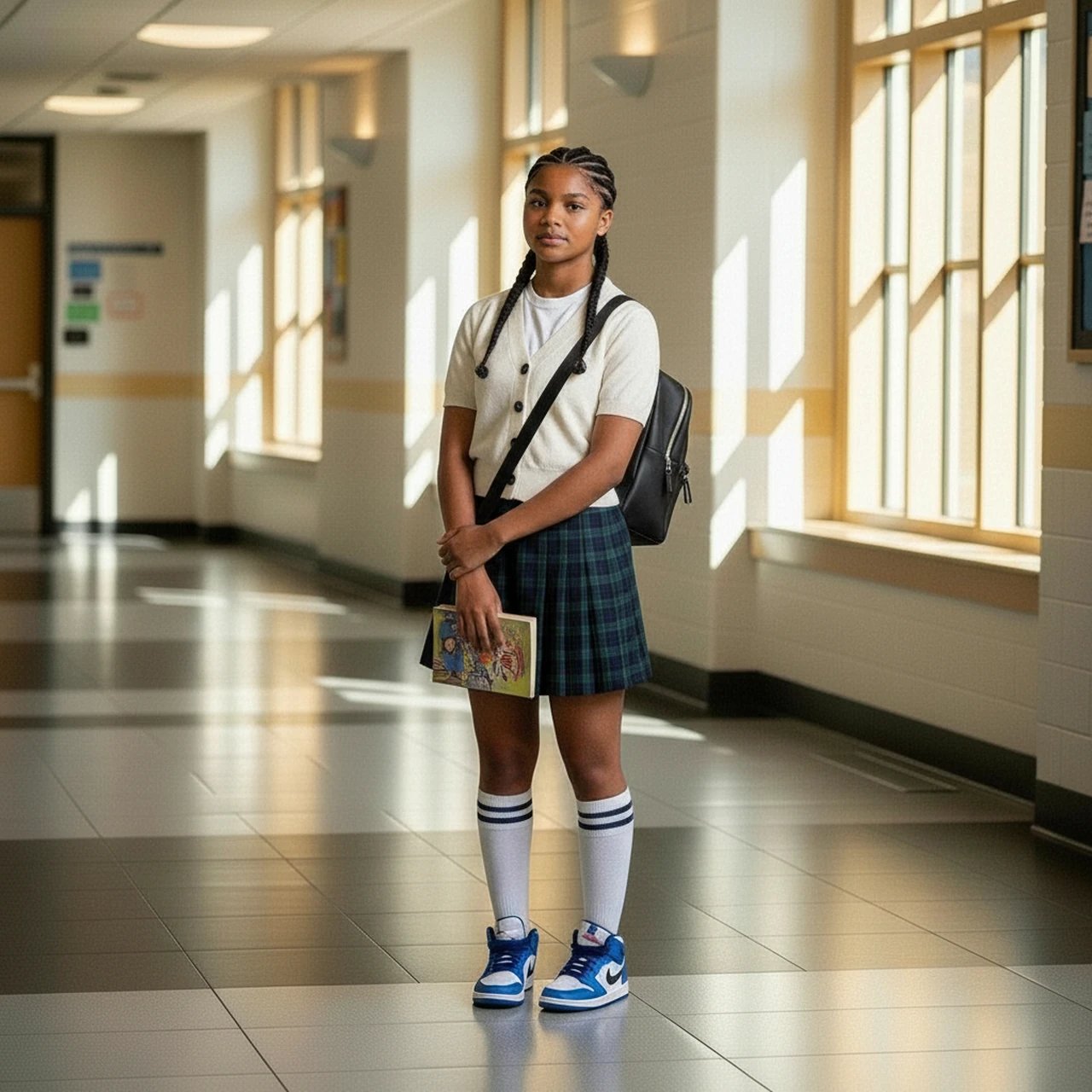 AI fashion swap showing a plaid mini skirt and knee-high socks, inspired by Y2K schoolgirl fashion.