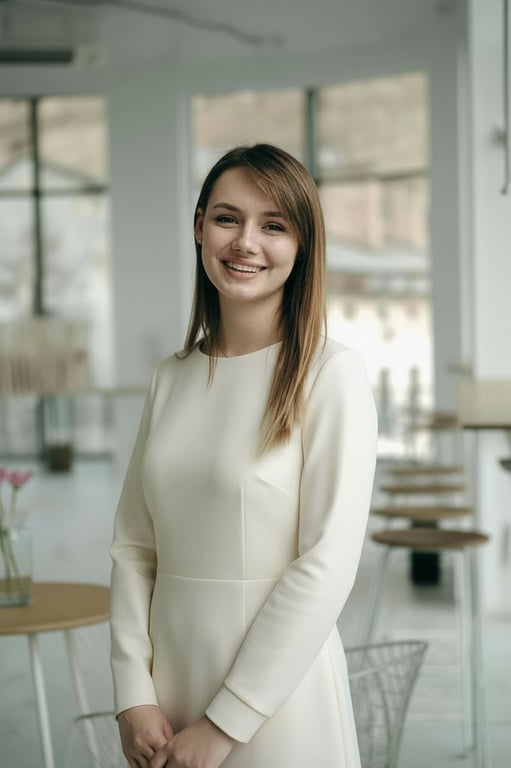 a portrait of a person wearing a minimalist tailored midi dress with clean straight silhouette, matte fabric texture, subtle waist shaping, restrained neckline, precise proportions, soft neutral lighting, composed standing posture