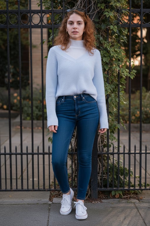 Reconstruct a full-body portrait of the woman by filling in the missing lower body while keeping the original pose, outfit, and background intact. Ensure realistic anatomy, natural weight distribution, and correct body mechanics so the completed image appears as a single uninterrupted photograph.