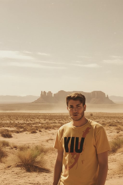 a portrait of a man edited into a western cinematic style, with warm sepia tones, harsh desert sunlight, and wide landscape framing