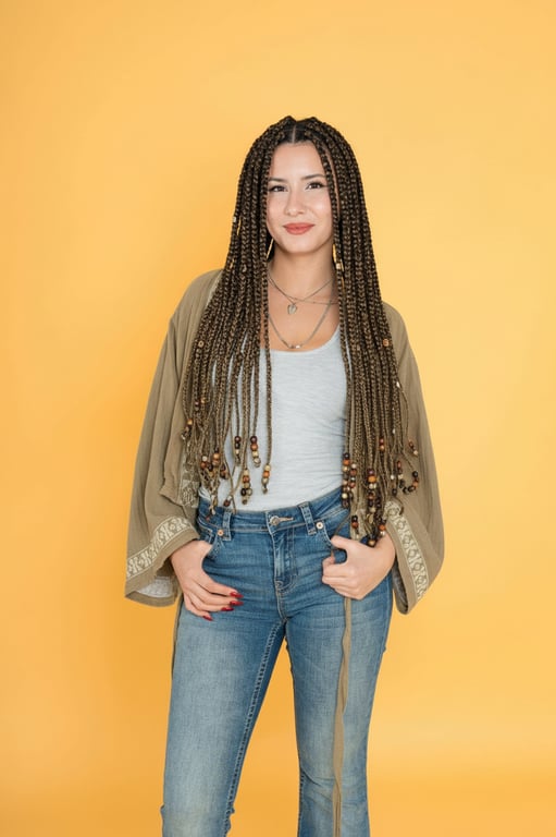 a portrait of a woman with detailed cornrow braids, realistic hair texture, beads at the ends, professional styling, studio lighting.
