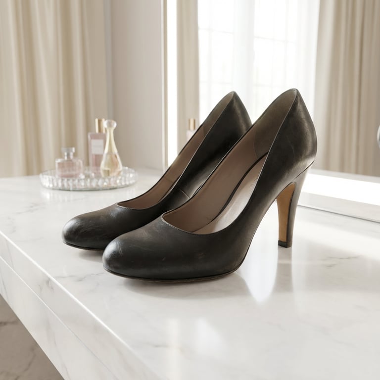 Transform the high heel image into a minimalist runway vanity environment, illuminated by soft diffused natural lighting, rendered with impeccable sharpness and an ethereal glow.