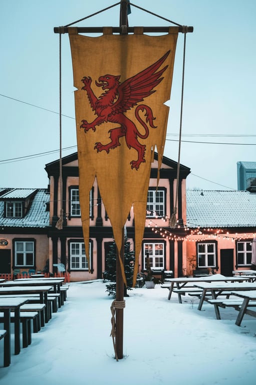 A ceremonial flag for a historical reenactment group: a medieval-style banner with a heraldic beast, frayed edges effect, and rich, historically accurate dyes (ochre, vermilion).