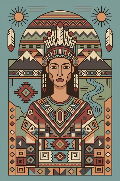 a portrait of a person rendered in a contemporary Indigenous art style featuring clean modern linework, stylized facial detail, symbolic pattern accents, controlled color palette, flat lighting, and a respectful modern Native American visual identity