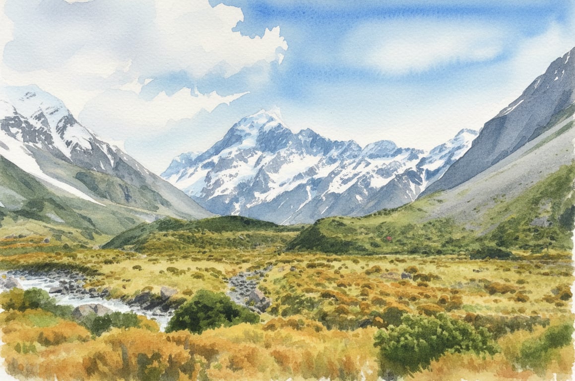 a landscape photo converted to watercolor style, soft color bleeds at the edges, translucent layers, white of the paper showing through for highlights, textured paper background.
