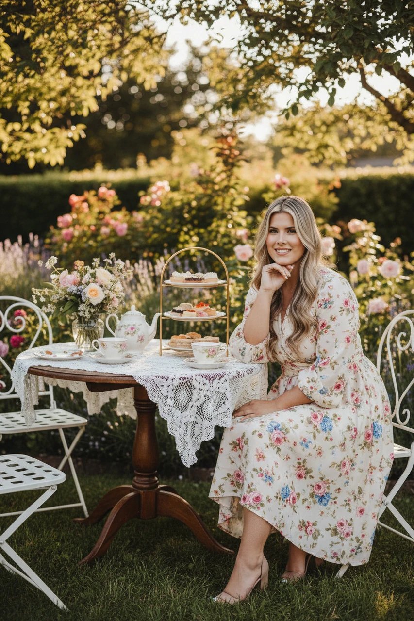 Tea Party Outfits filter after transformation - portrait wearing floral tea party dress in bright garden with tea table setting