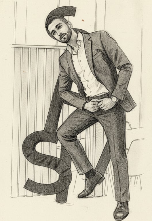 A person's body is contorted to form the capital letters of the name "SAM", with the head as the top of the 'S', the torso as the 'A', and legs as the 'M', in a playful sketch style.