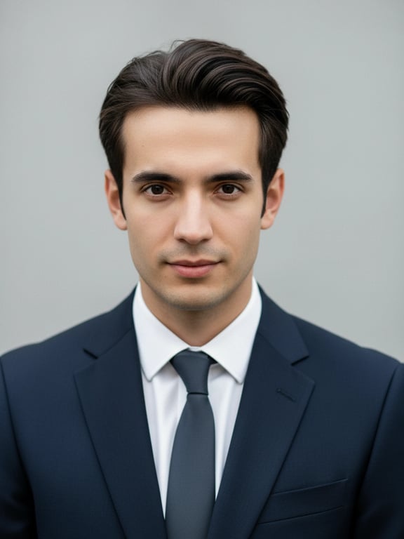 a portrait of a man, ai job application photo, neat appearance, direct eye contact, bright and clear lighting, neutral colored wall.