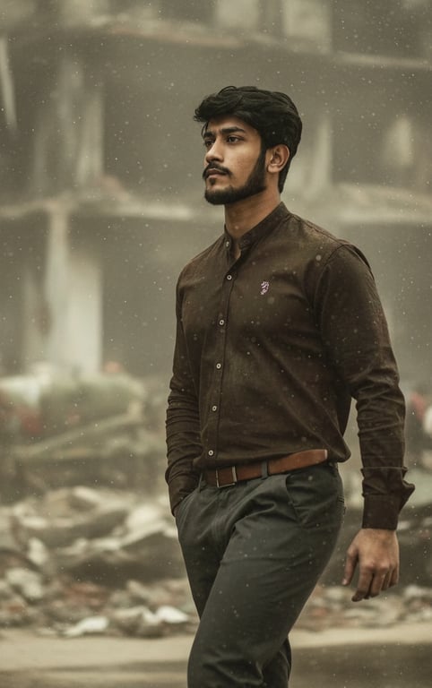 a portrait of a man in a gritty war film cinematic style, featuring desaturated palette, dust particles in air, and stark documentary framing