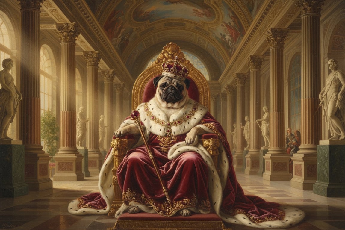AI pet portrait generator free after pic - pug transformed into a royal Renaissance portrait with luxurious robes and realistic dog paws