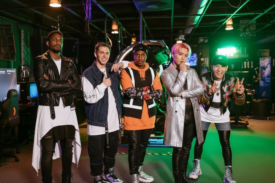 a portrait of a male group edited into a high-impact K-pop boy group look, using bold outfit pieces, layered styling, strong silhouettes, confident group pose, and clean lighting
