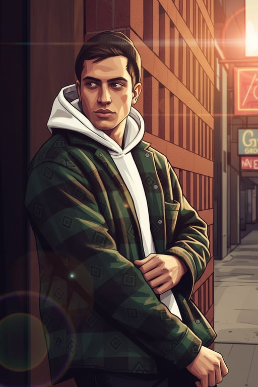 Reinterpret the original person as a cinematic GTA action illustration by exaggerating contrast, perspective, and attitude. Preserve identity cues, but emphasize harsh light–shadow separation, angular facial structure, and dynamic visual tension. Apply cinematic color grading, strong highlights, and bold linework so the image feels like a dramatic freeze-frame from a GTA storyline rather than a static portrait.