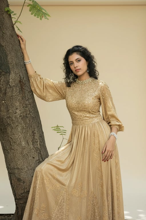 Gold Party Clothes filter after transformation - portrait styled in elegant gold evening party look