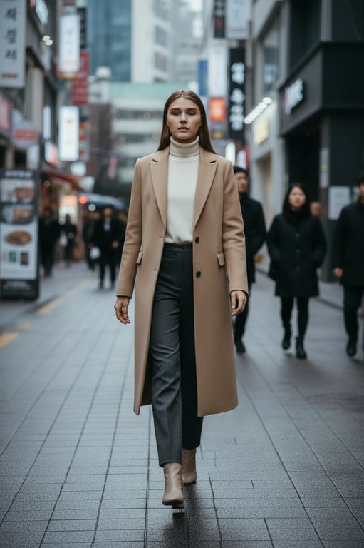 a portrait of a person in a Korean street-editorial look featuring clean-cut coat, subtle layering, straight silhouette, neutral tones, precise proportions, confident walking posture, natural daylight