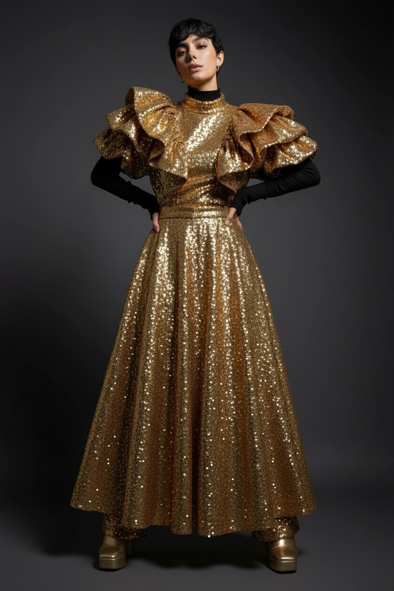 Gold Party Clothes filter after transformation - portrait styled as high-impact gold party look