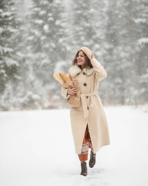 Winter Outfits filter after transformation - portrait wearing cozy winter coat with snowy ambiance