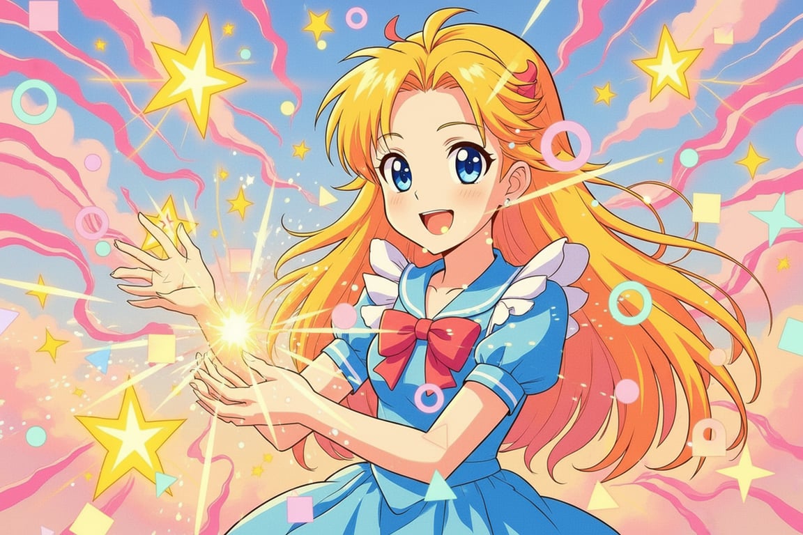 An image styled like a key visual from a 90s magical girl anime, with the subject in a transformation pose, surrounded by sparkles and pastel geometric shapes.