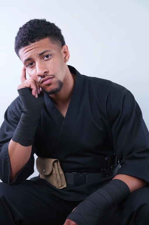 a portrait of a person wearing a traditional jonin uniform, with a serious expression and ninja tools pouch