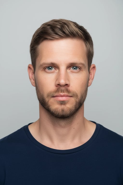 A fully compliant official ID photo created by AI, adhering to ISO/IEC 19794-5 standards, frontal pose, uniform brightness, no smile, dark clothing for contrast.