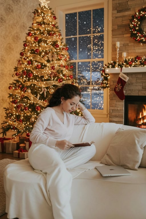 AI Christmas background free after photo - woman sitting by the window with Christmas background