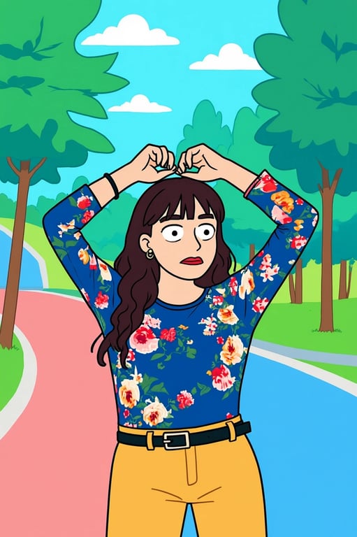 a portrait of a person rendered in a true Adventure Time-style cartoon art aesthetic, using rubbery elastic limbs, exaggerated head-to-body proportions, simple geometric shapes, tiny dot eyes, minimal mouth detail, bold hand-drawn linework, flat pastel-to-bright color palette, and a slightly absurd surreal animation vibe.