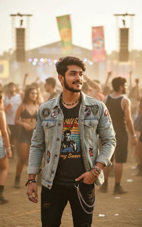 Festival Outfits filter after transformation - portrait in a casual festival outfit with open-air crowd mood