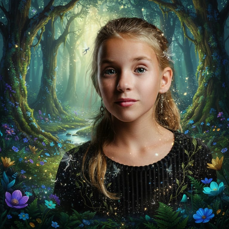 AI fairy after pic - magical forest fairy with floral crown and sparkling background