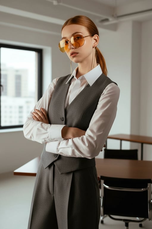 Office Siren Outfits filter after transformation - portrait in tailored vest and office-core outfit with refined professional mood