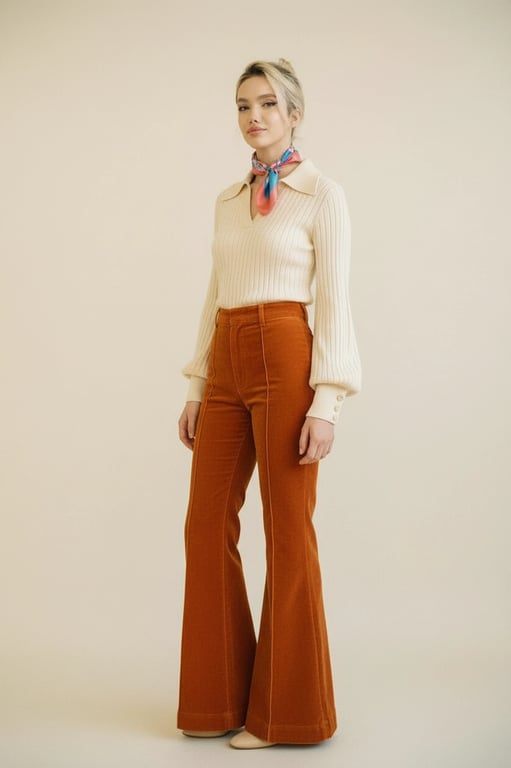 a portrait of a person styled in a classic 70s vintage outfit, featuring high-waisted flared trousers, fitted or softly draped tops, visible seam lines, warm earthy solid colors or retro prints, relaxed confident posture, and soft film-like lighting