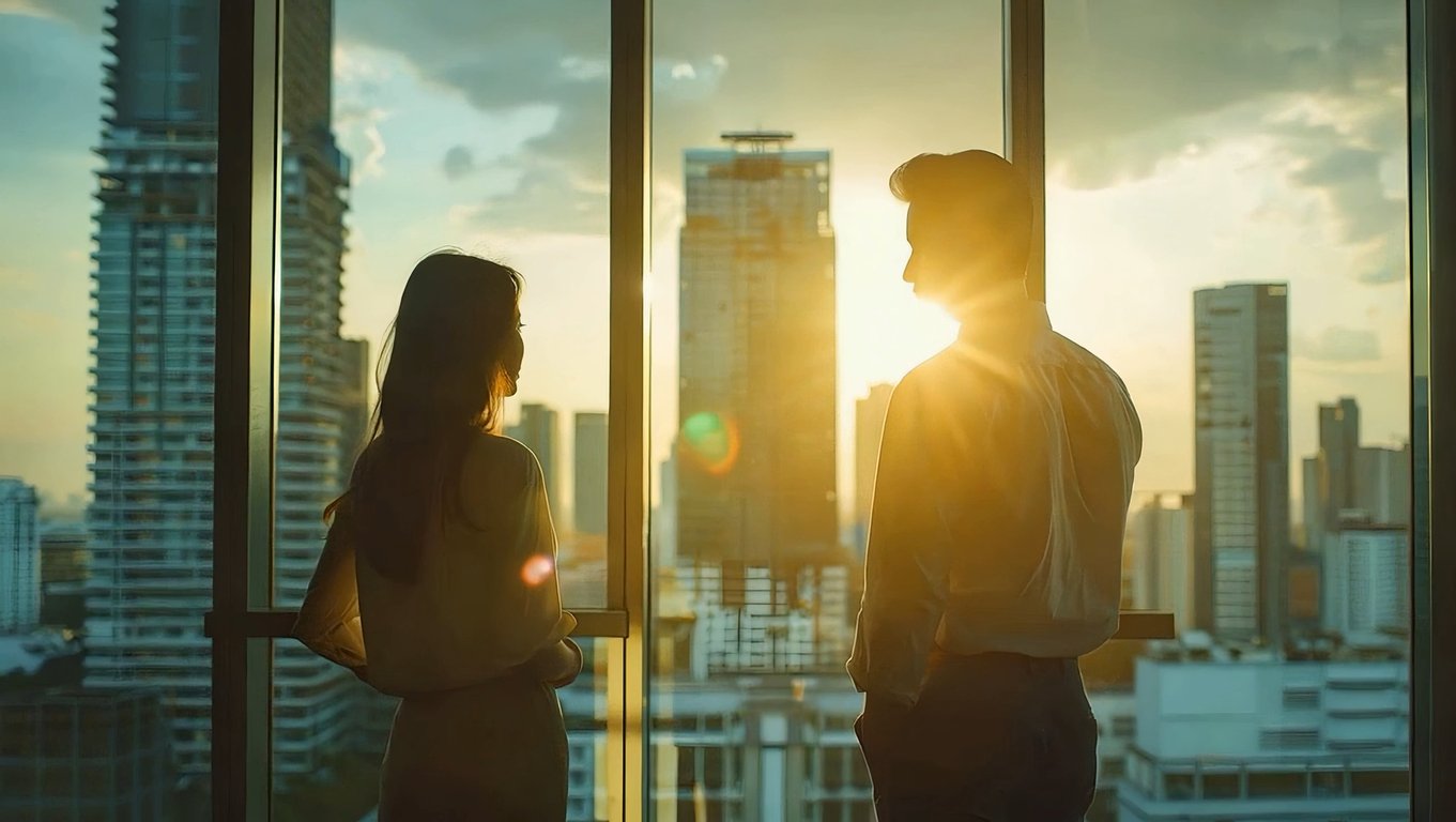 cinematic wide shot of a man and a woman standing by floor-to-ceiling windows, modern high-rise interior, late afternoon golden hour, city skyline in soft focus, warm sunlight streaming through glass, subtle lens flare, silhouettes with gentle rim light, quiet emotional distance between two figures, natural body language, cinematic composition, shallow depth of field, muted warm color palette, film still atmosphere, realistic photography style, high resolution