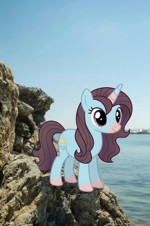 A portrait of a person transformed into a fully non-human My Little Pony pony, four hooves touching the ground, horizontal body posture, oversized head and expressive eyes, mane styled from the original hairstyle, identity conveyed through color and expression only, original background unchanged, bright pastel palette, cel-shaded cartoon rendering, and a symbolic cutie mark.