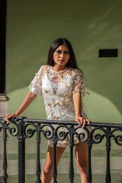 a portrait of a person transformed to achieve an exaggerated model-style body shape by drastically reducing waist width and keeping hips broad, resulting in a tall narrow waist appearance with a very strong slimming effect