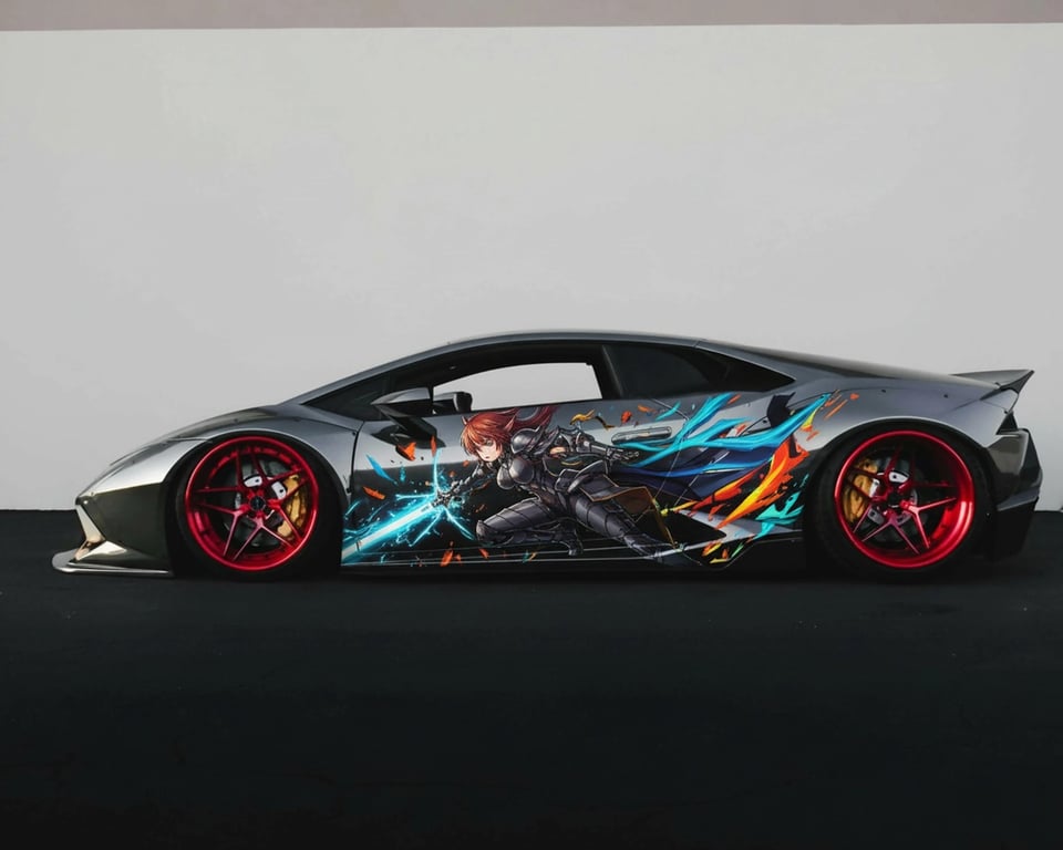 AI anime car sticker after photo - black car parking in the parking lot with car sticker
