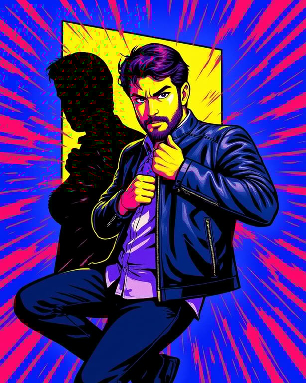 a portrait of a person edited as a JoJo Stand User, with their unique humanoid Stand manifesting behind them in a powerful stance