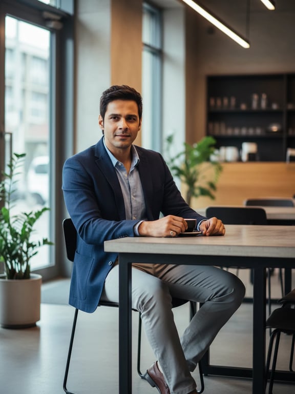 Chic Style filter after transformation - portrait wearing chic blazer and chinos in a stylish cafe scene