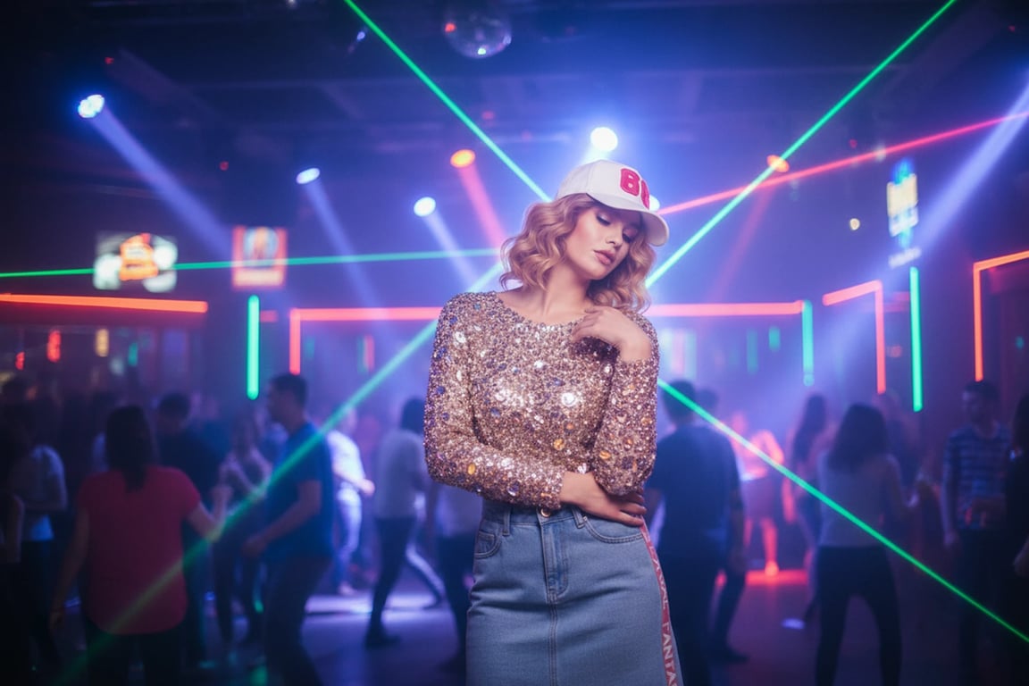 a portrait of a woman in a sparkling diamond-encrusted party top with champagne tones and festive celebratory lighting