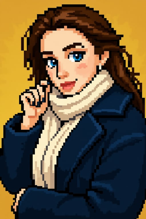A seasonal outfit variation for a character: the same NPC wearing a winter coat and scarf in one portrait, and a summer t-shirt in another, in Stardew style.