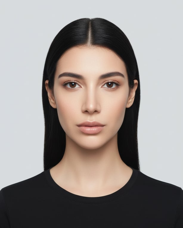 a portrait of a woman, ai biometric portrait, sharp facial landmarks, neutral lighting, no obstructions, plain light grey backdrop.